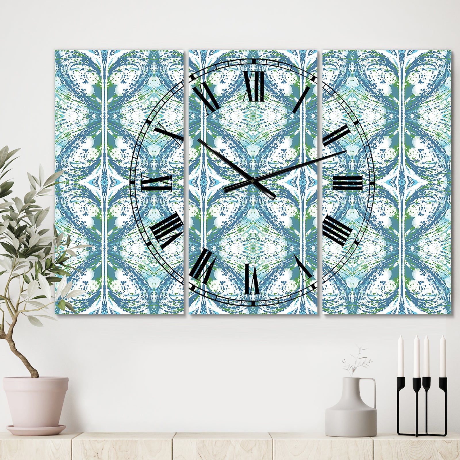 Embossed Teal Pattern V - Large Mid-Century Wall Clock - 3 Panels