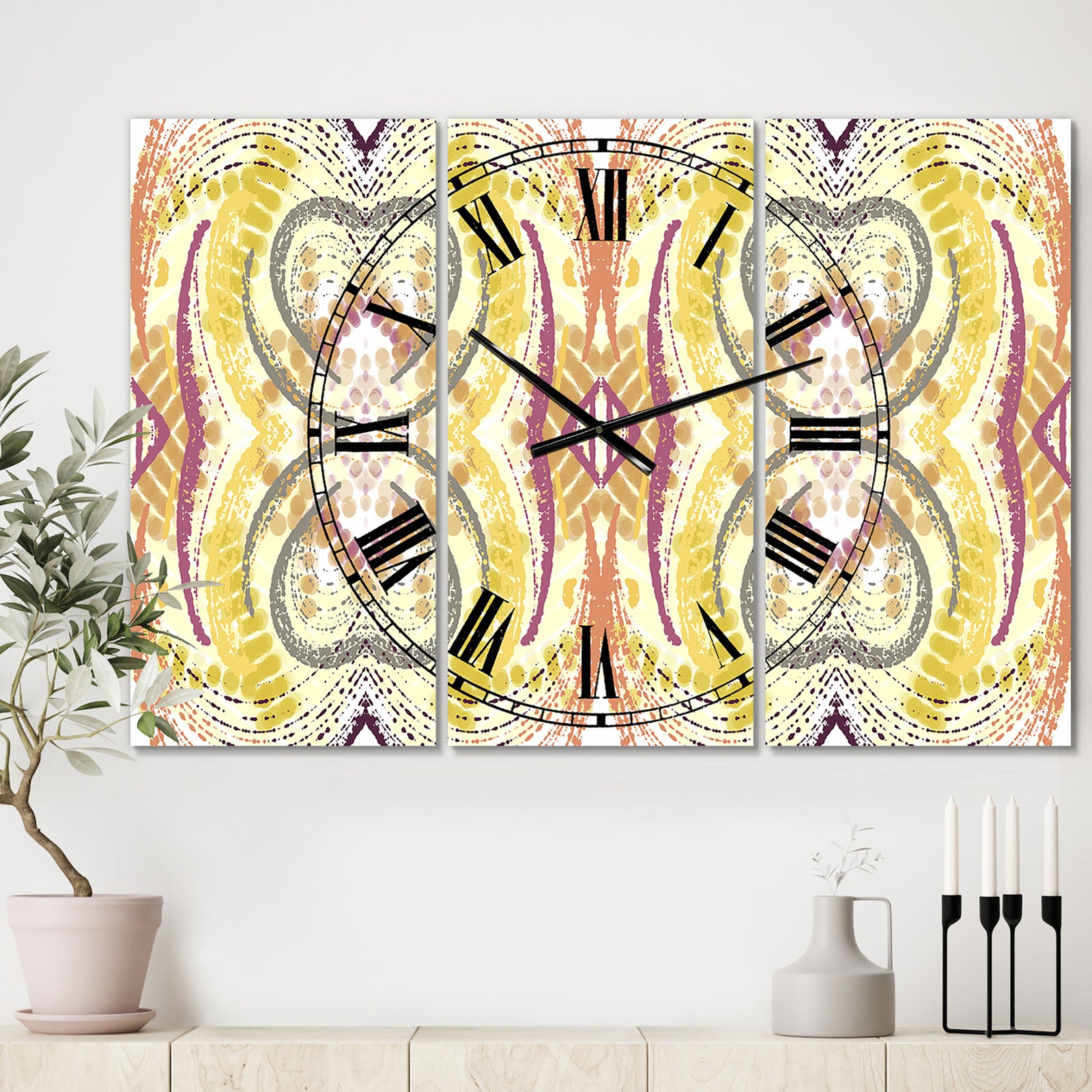Yellow And Purple Heart Pattern - Oversized Mid-Century Wall Clock - 3 Panels