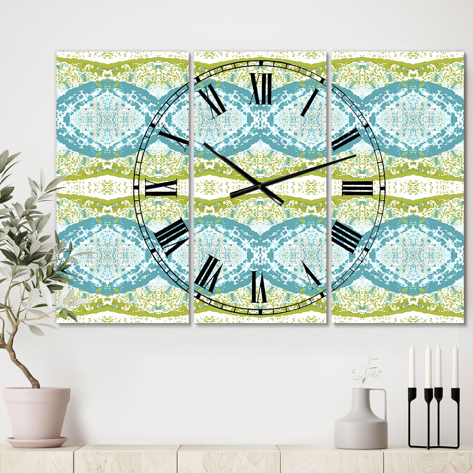 Embossed Teal Pattern IV - Large Mid-Century Wall Clock - 3 Panels