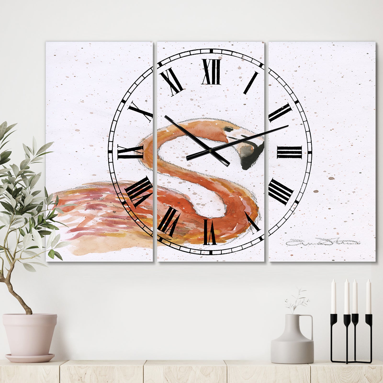 Pink Flamingo - Oversized Cottage Wall Clock - 3 Panels