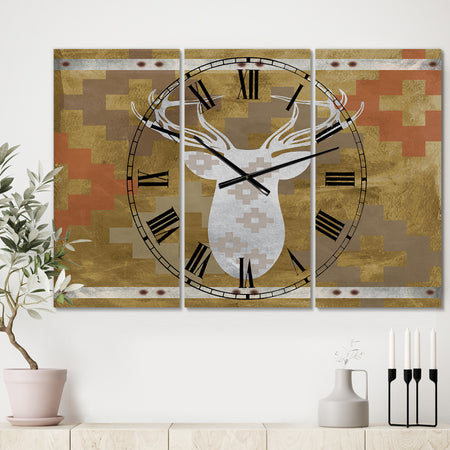 Patterned White Deer Head - Oversized Traditional Wall Clock - 3 Panels