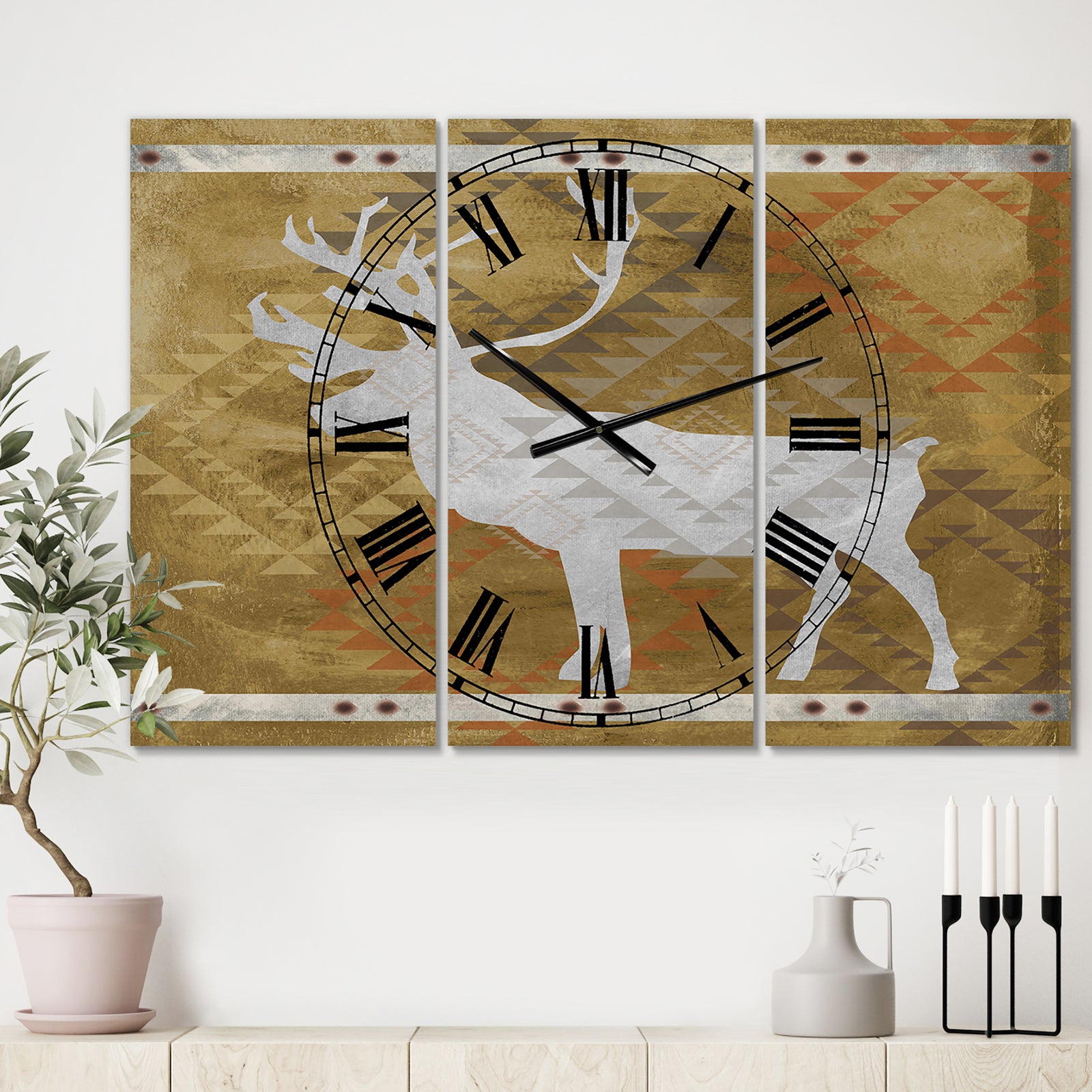 Patterned Walking White Moose - Large Traditional Wall Clock - 3 Panels