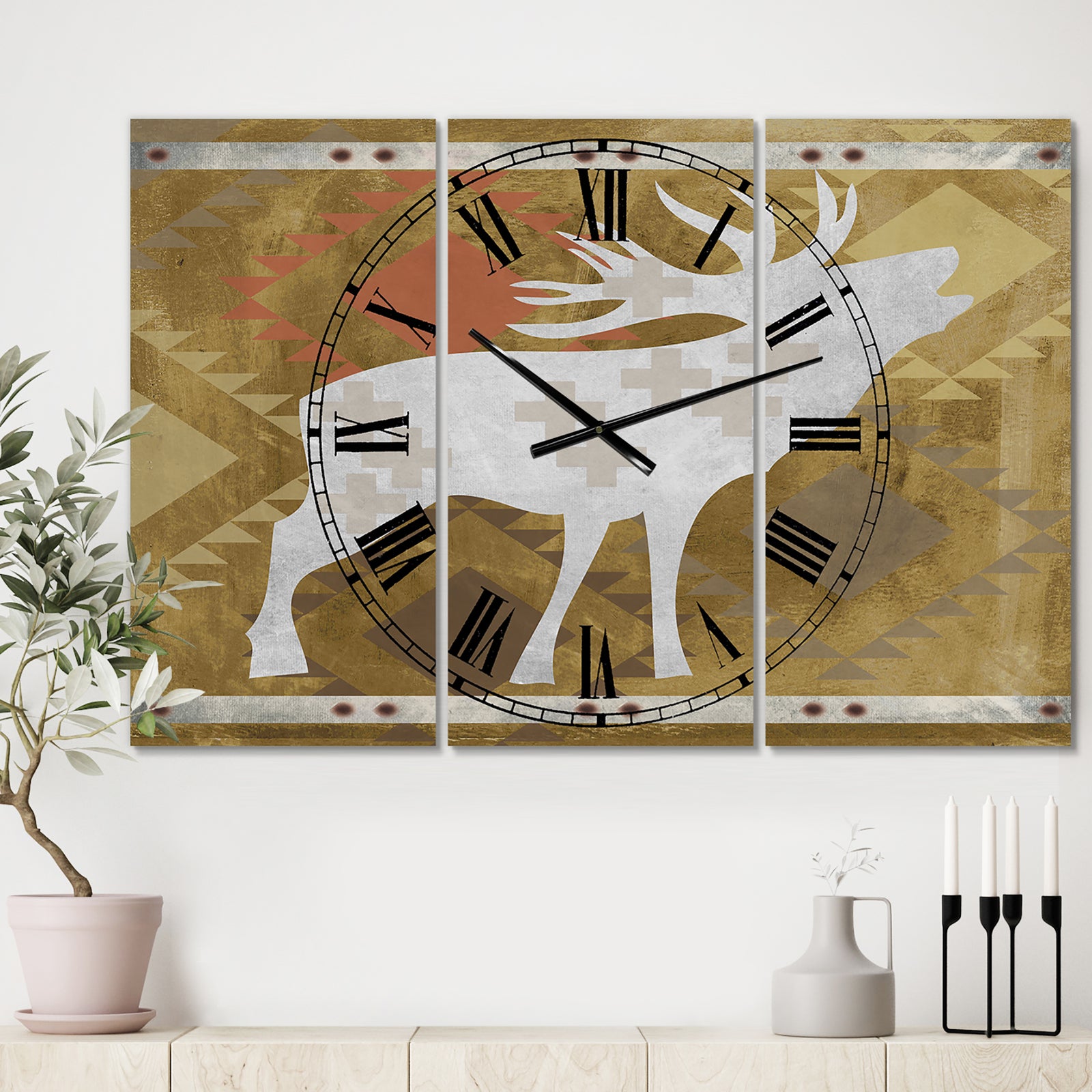 Patterned Howling White Moose - Oversized Traditional Wall Clock - 3 Panels