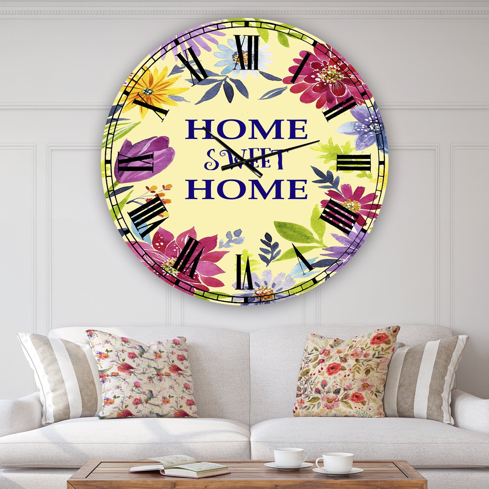Home Sweet Home Flower Wreath - Oversized Cottage Wall Clock