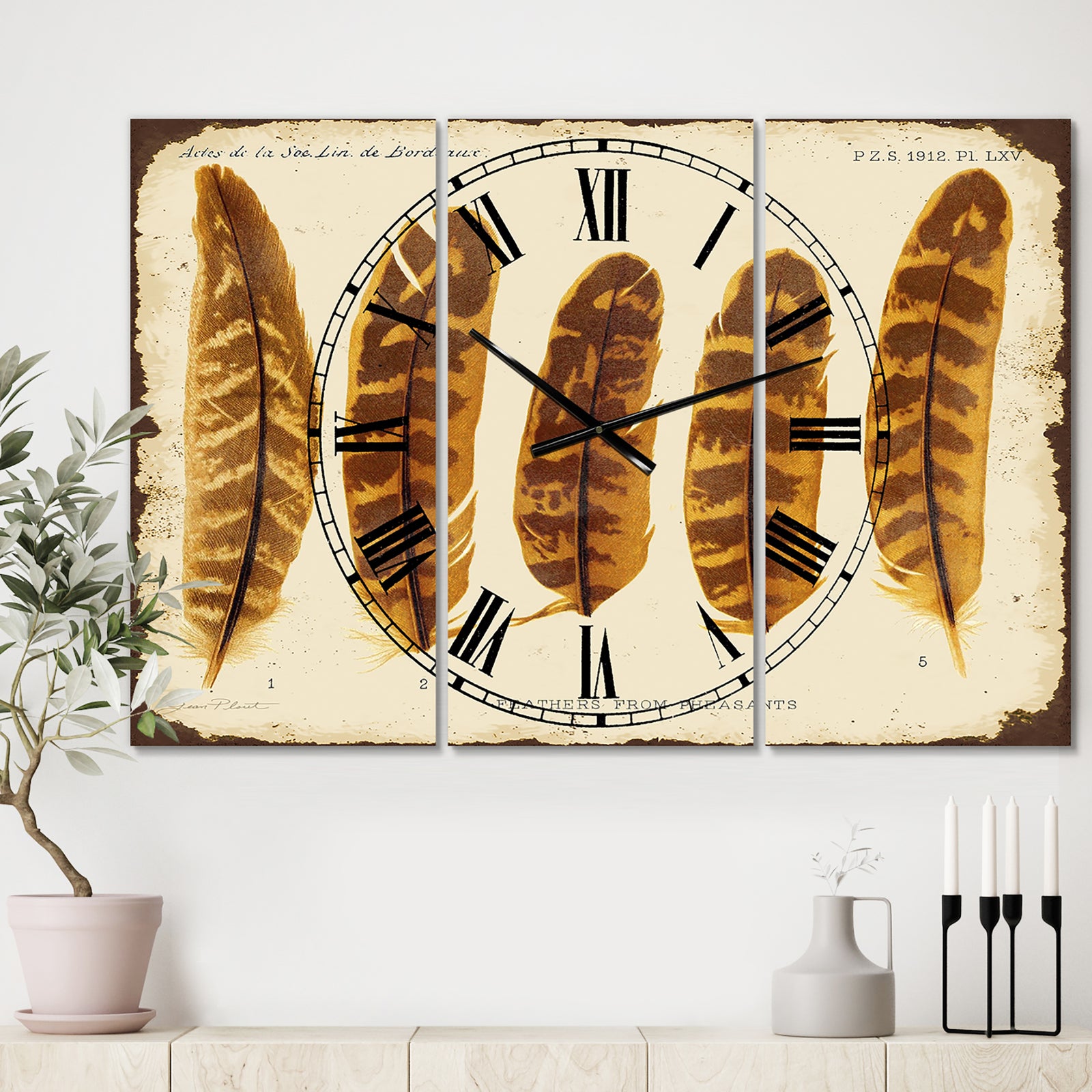 Five Pheasant Feathers  - Oversized Cottage Wall Clock - 3 Panels