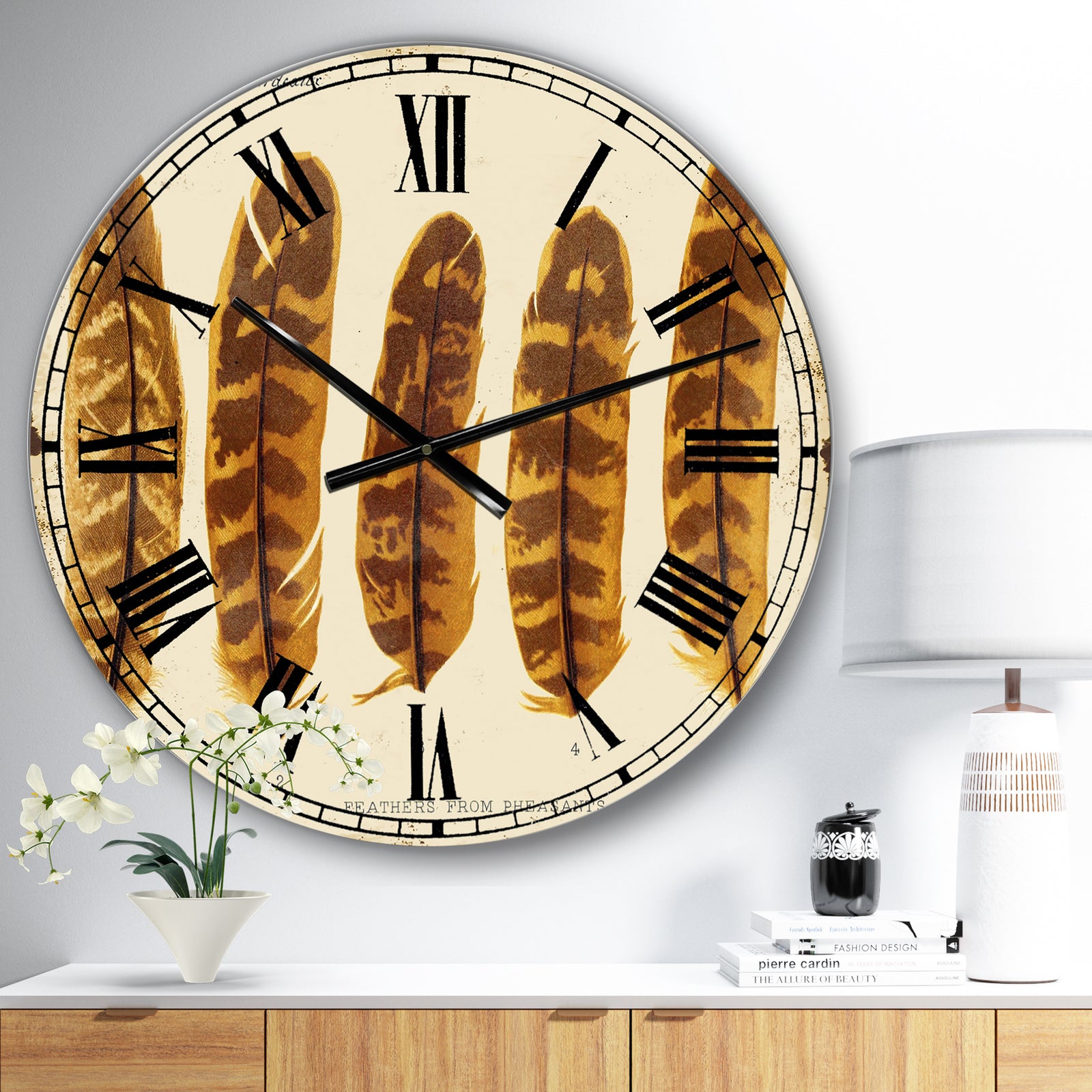 Five Pheasant Feathers  - Large Cottage Wall Clock