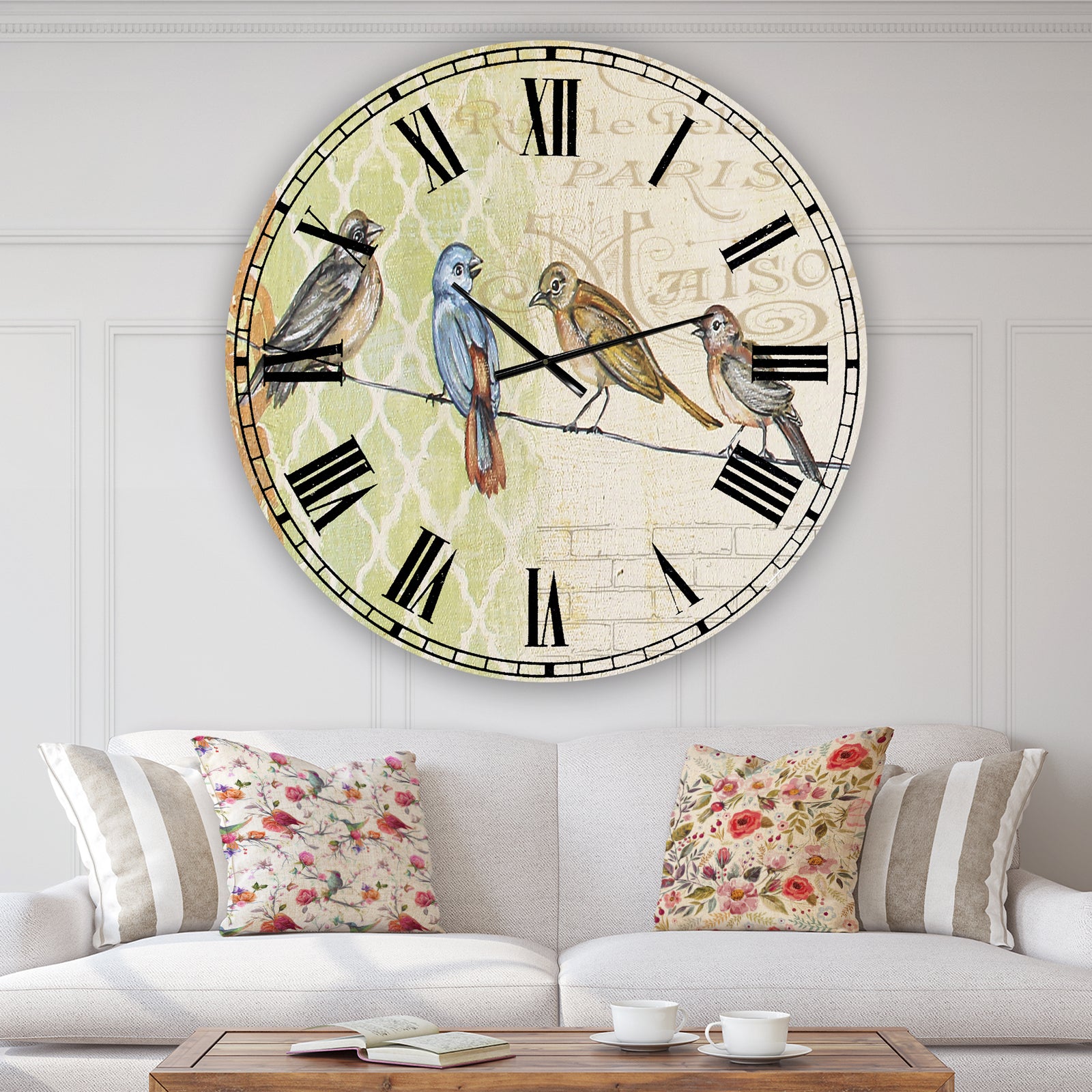 Birds Gathered On Wire Paris II - Oversized Cottage Wall Clock