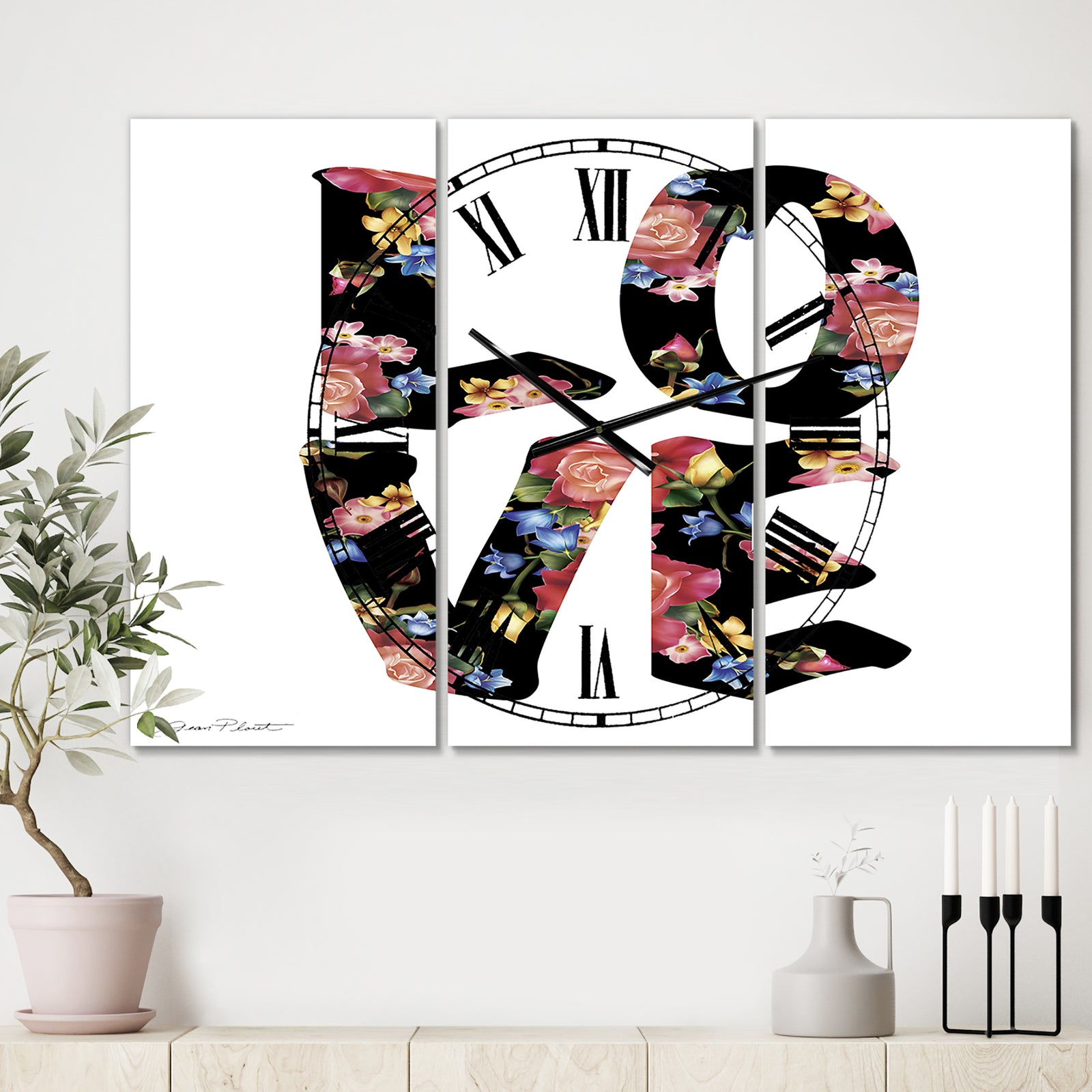 Flower Power Love - Large Cottage Wall Clock - 3 Panels