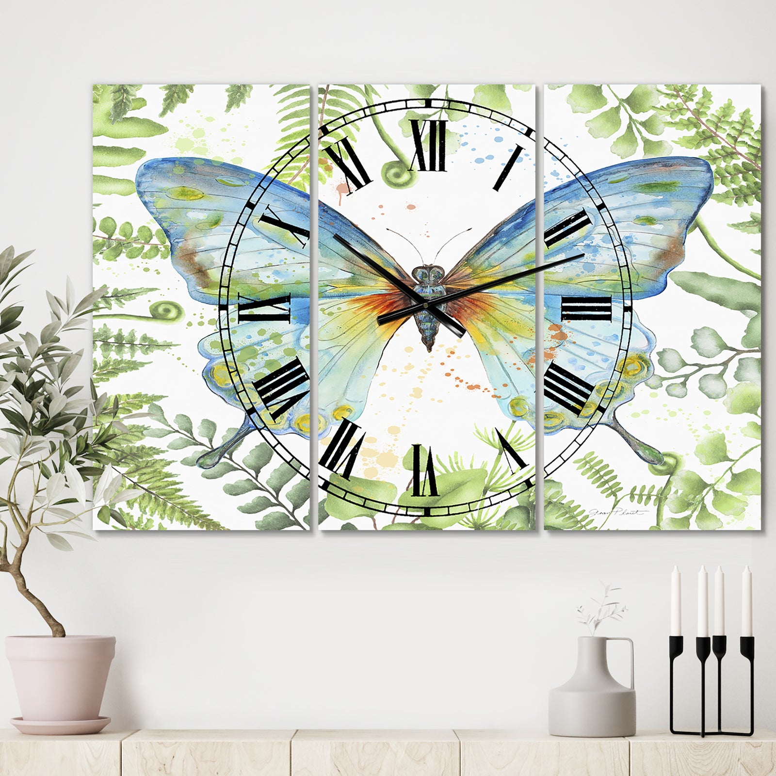Porch & Den [Clock] Botanical Butterfly Beauty 1 - Large 3-panel Wall Clock