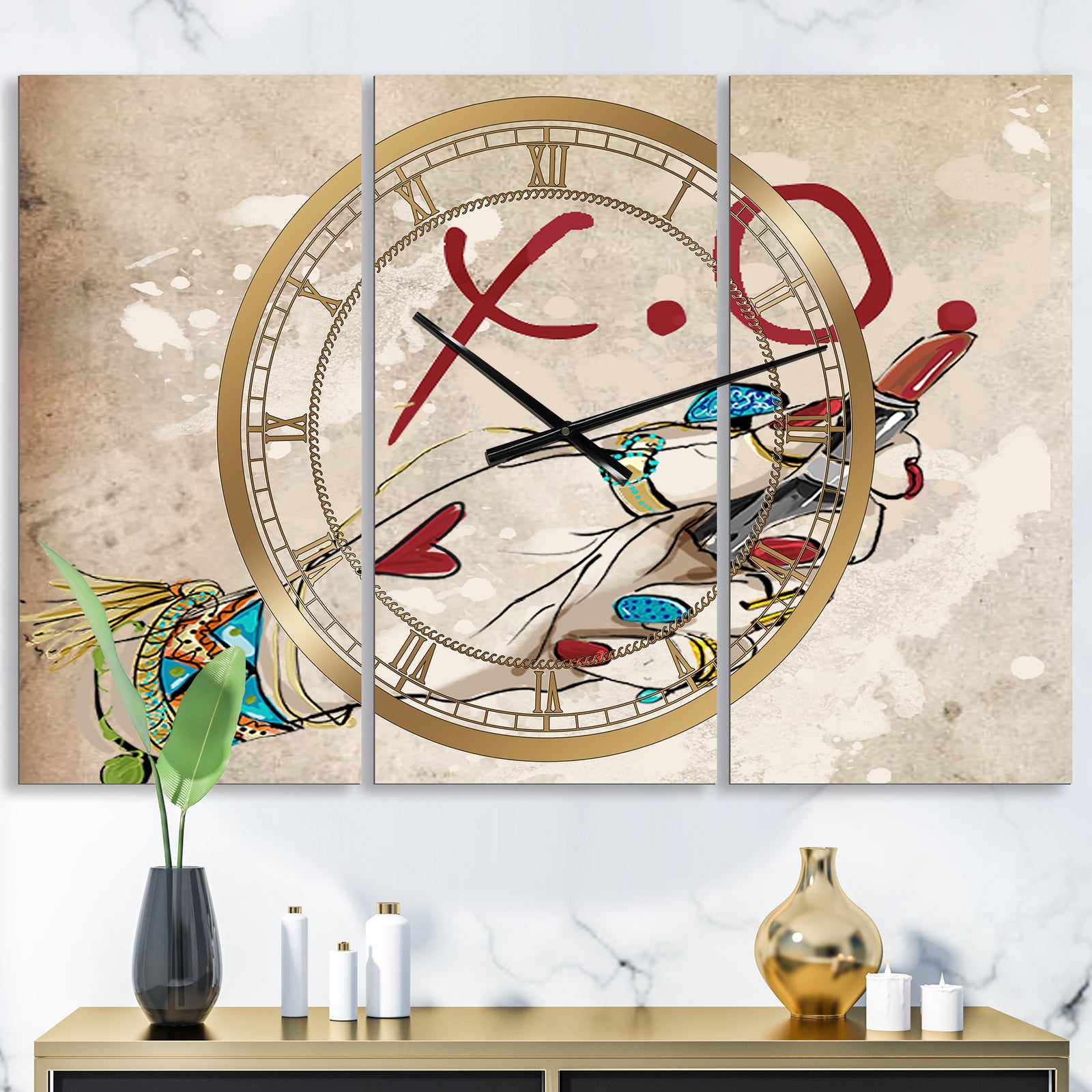 Gypsy Hippy Hand Lipstick xo - Large Cottage Wall Clock - 3 Panels