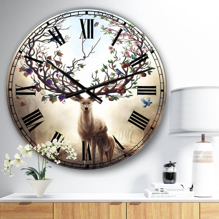 Deer With Blossoming Antlers - Large Cottage Wall Clock
