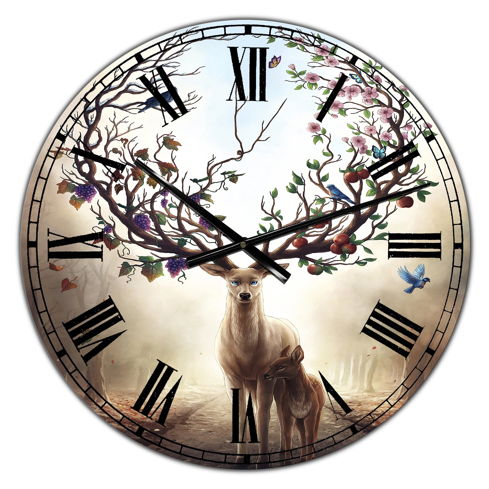Deer With Blossoming Antlers - Large Cottage Wall Clock