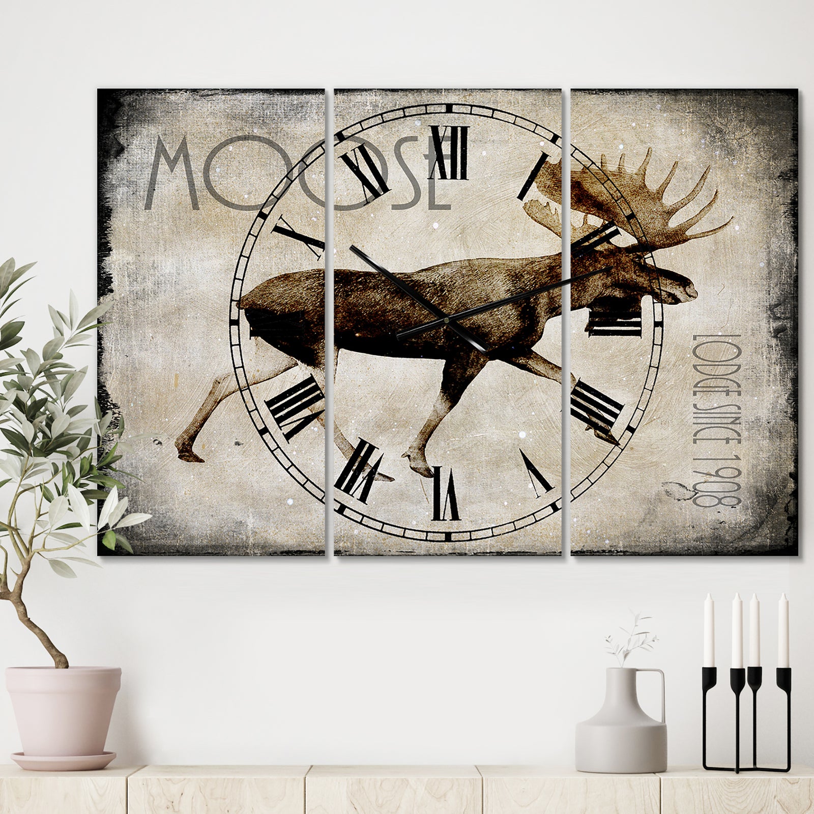Moose Lodge 2 - Oversized Cottage Wall Clock - 3 Panels