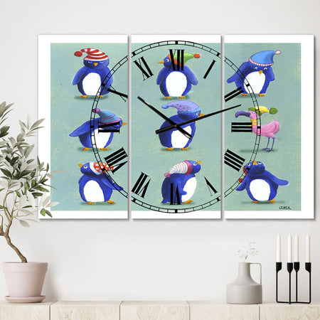 Eight Penguins And A Flamingo - Large Nautical & Coastal Wall Clock - 3 Panels