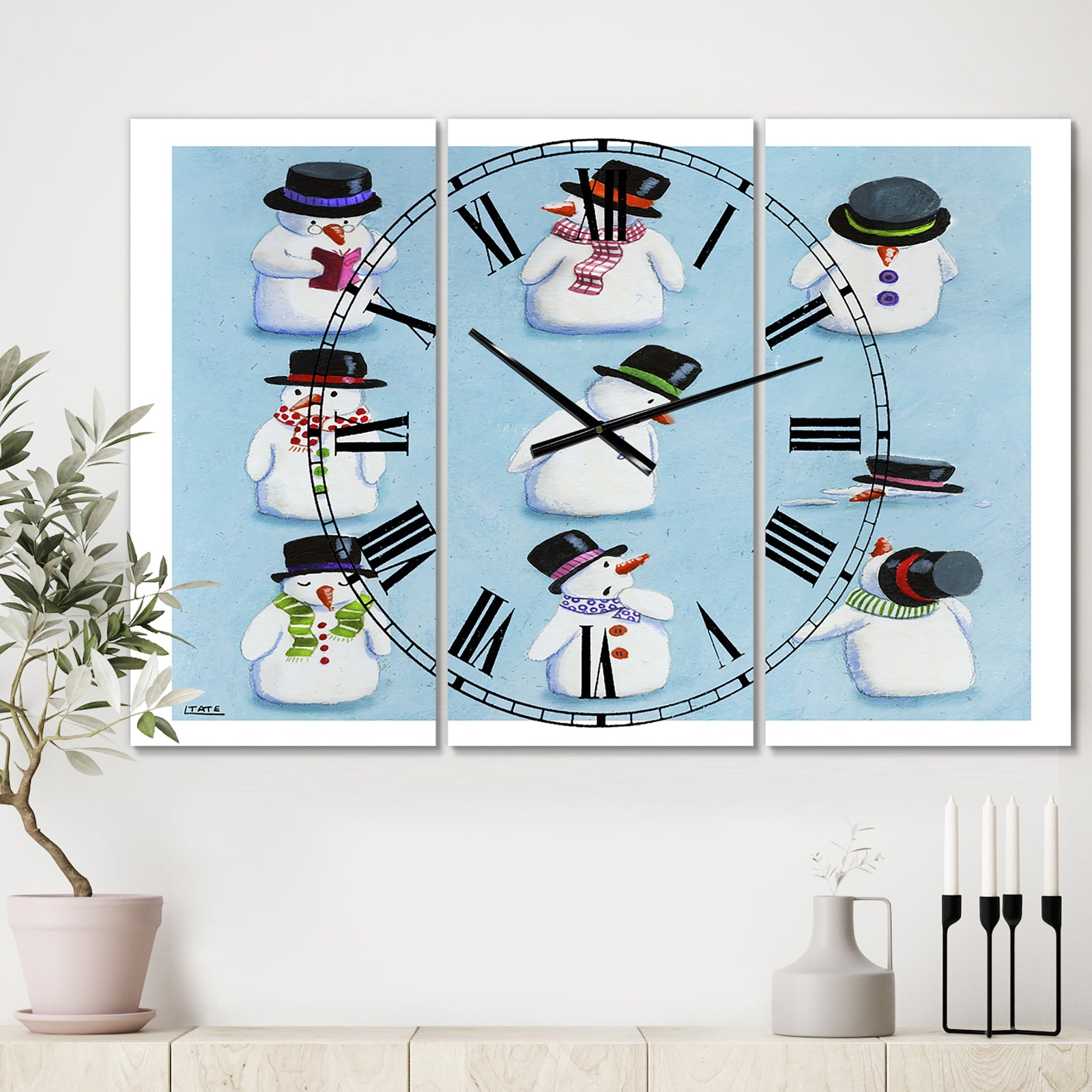 The Melting Snowmen - Oversized Modern Wall Clock - 3 Panels