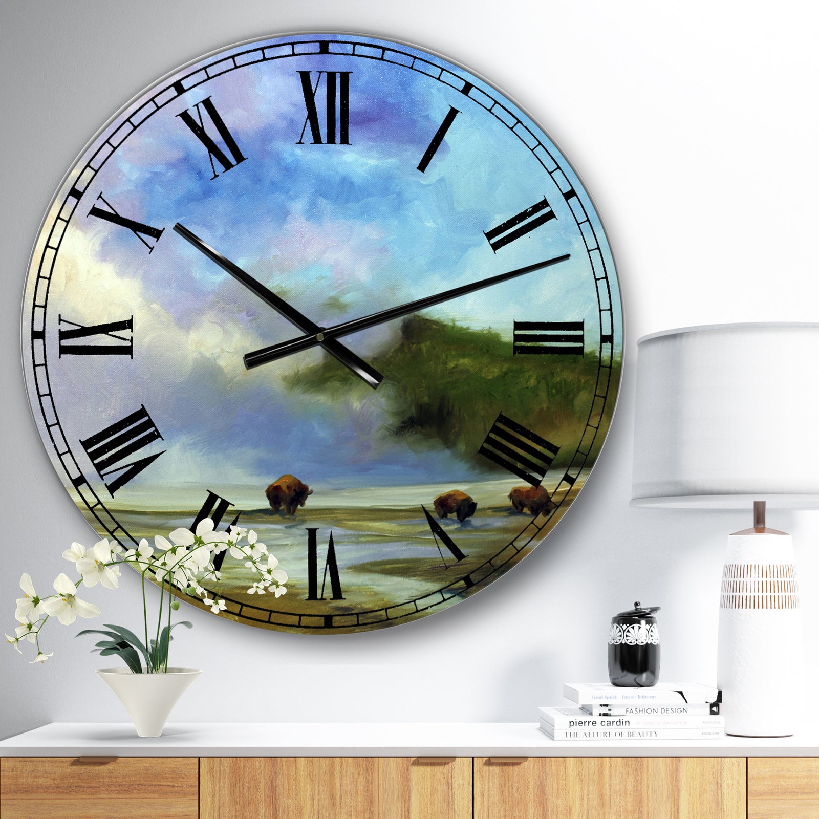 Yellowstone Buffalo Landscape - Large Lake House Wall Clock