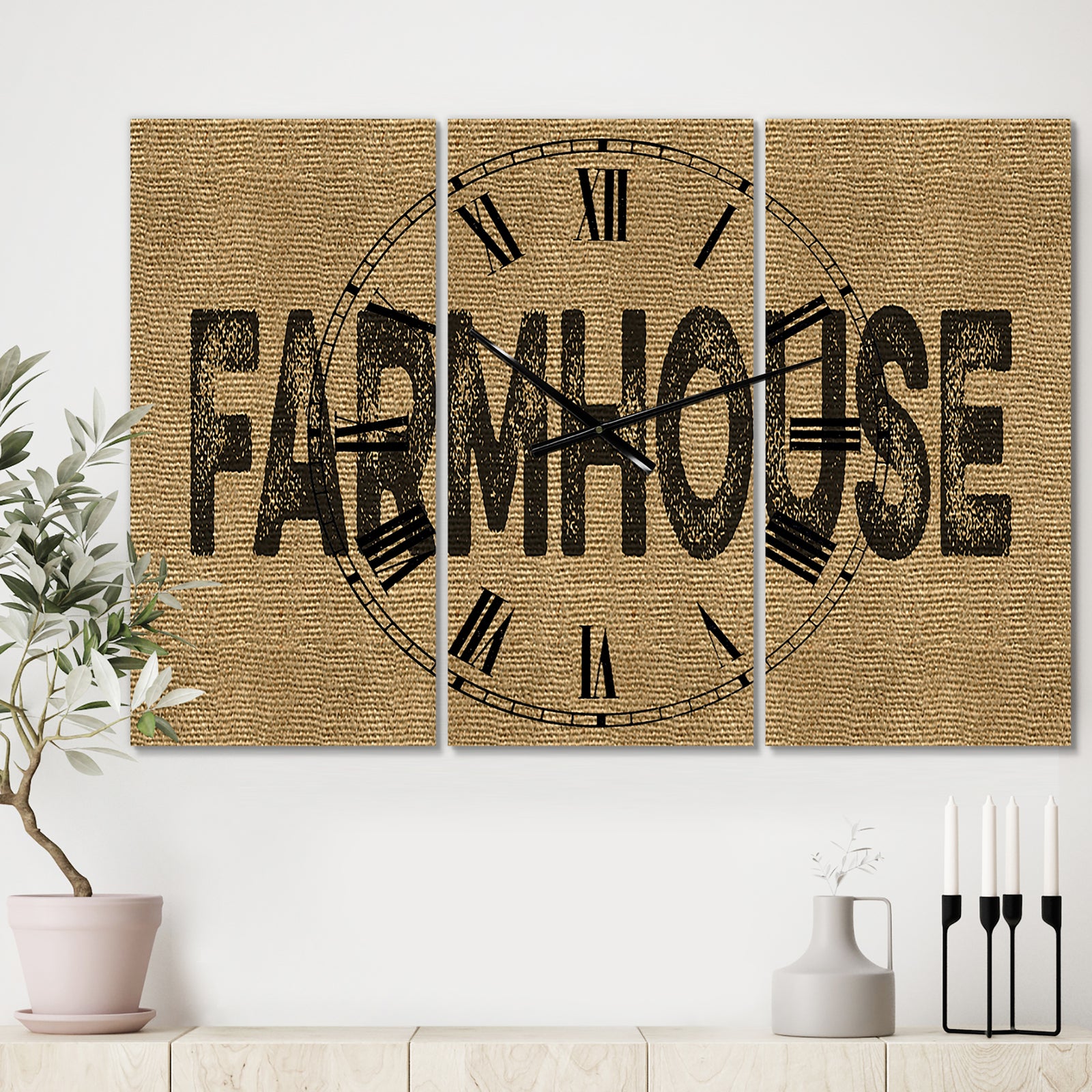 Farmhouse On Jute - Oversized Farmhouse Wall Clock - 3 Panels