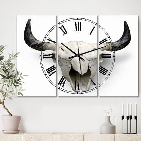 White Cow Skull With Black Horns - Oversized Farmhouse Wall Clock - 3 Panels