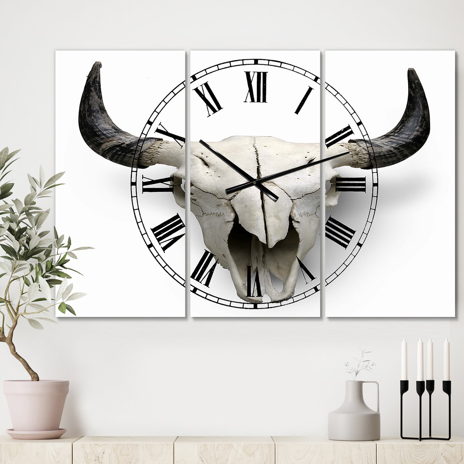 White Cow Skull With Black Horns - Oversized Farmhouse Wall Clock - 3 Panels