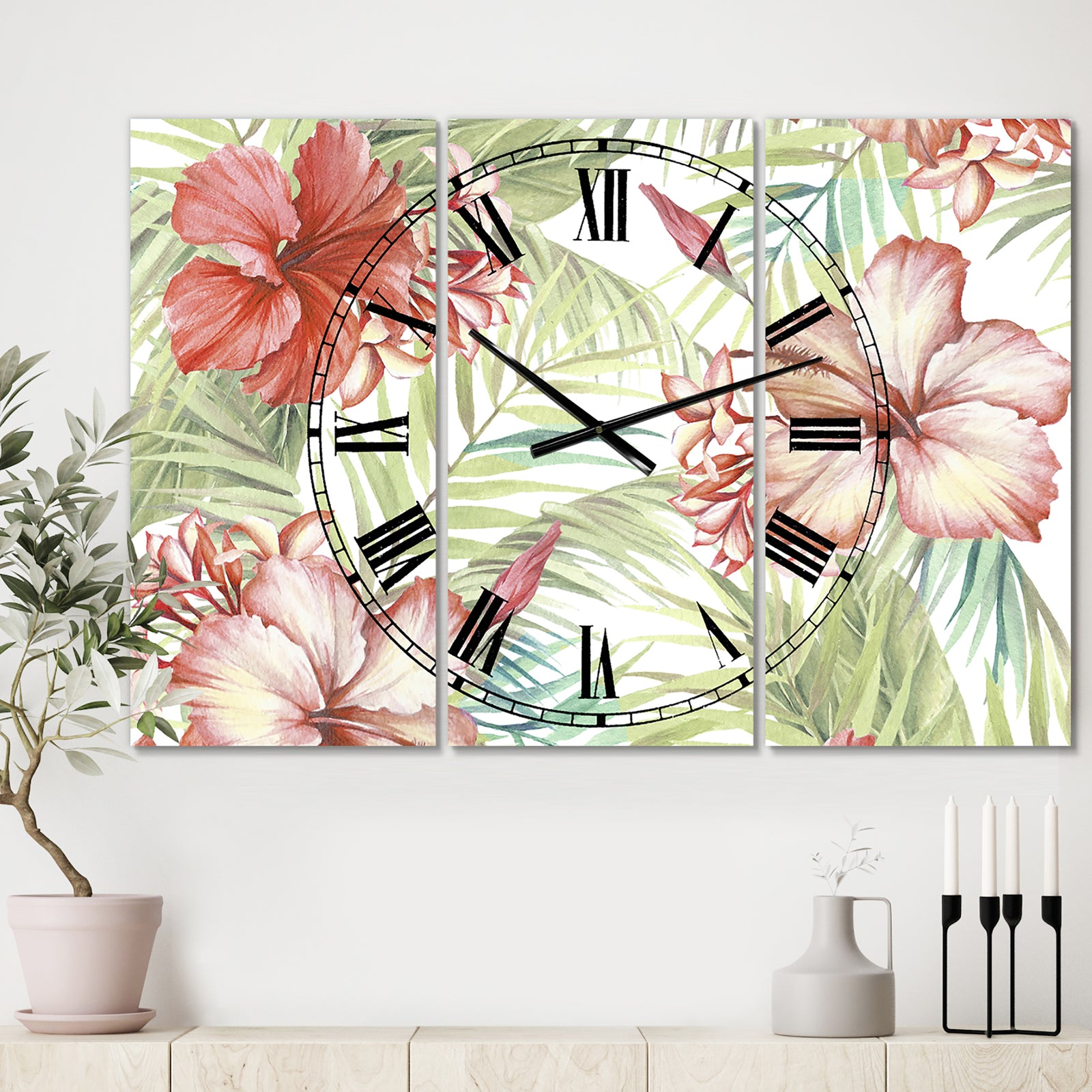 Hibiscus Paradise - Oversized Cottage Wall Clock - 3 Panels