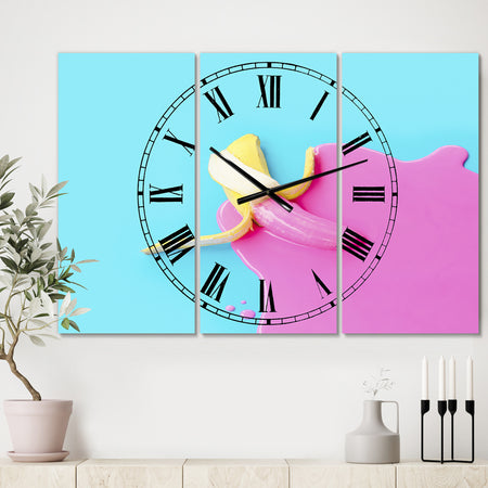 Pink And Blue Banana - Large Modern Wall Clock - 3 Panels
