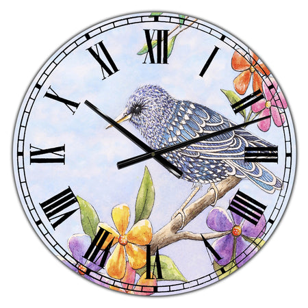 Starling Bird with Flowers - Large Cottage Wall Clock