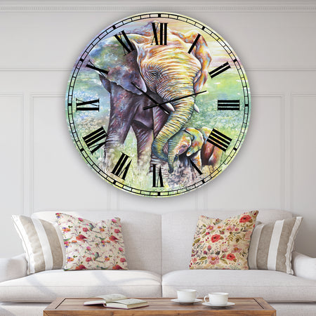 Mother & Baby Elephant Rainbow Colors - Oversized Cottage Wall Clock
