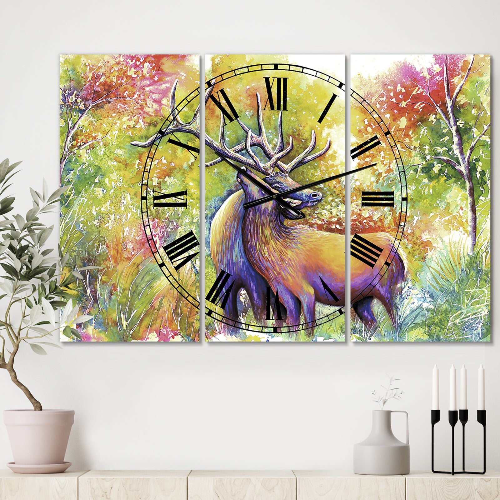Hugging Elk Love - Oversized Cottage Wall Clock - 3 Panels
