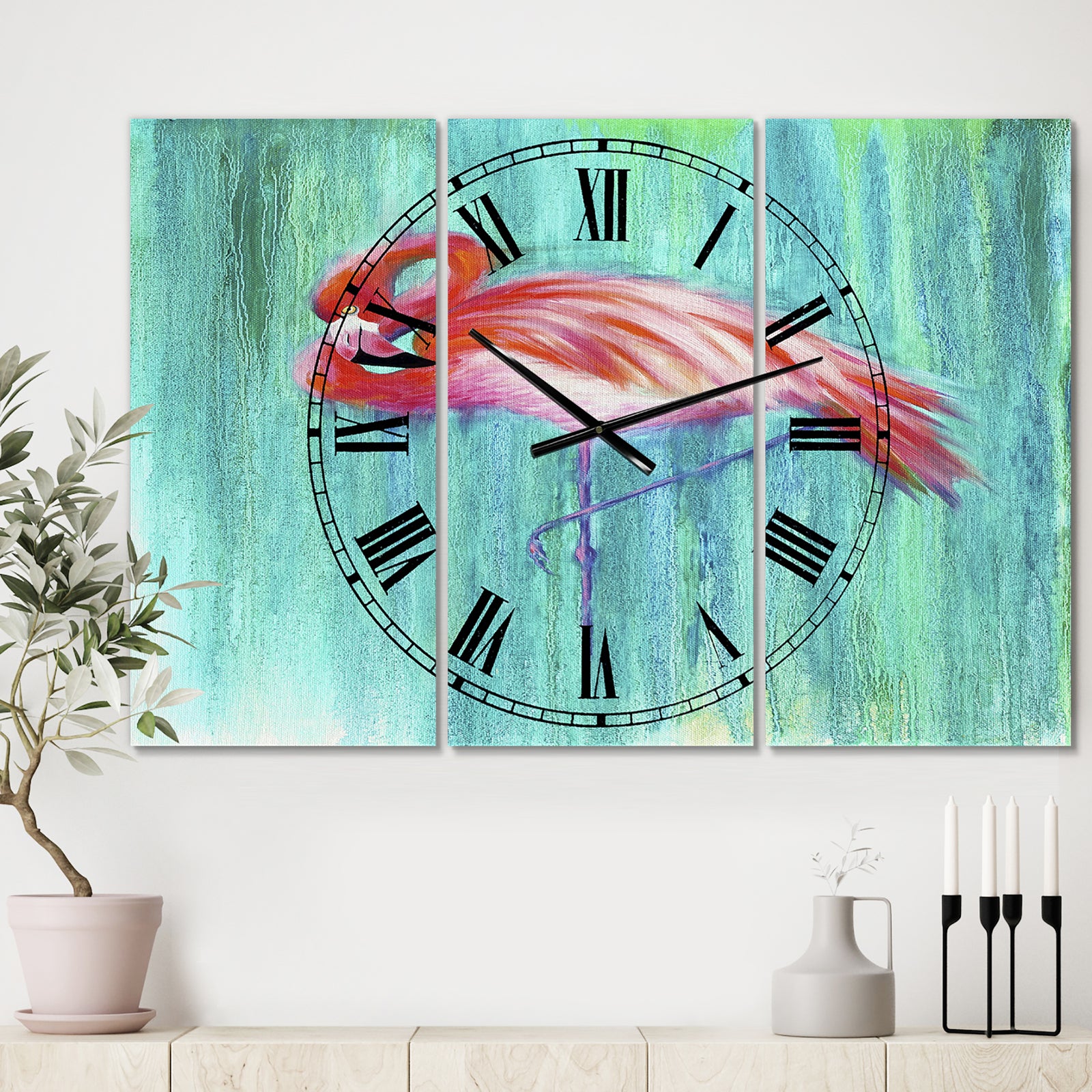 Pink Flamingo In Blue - Large Cottage Wall Clock - 3 Panels