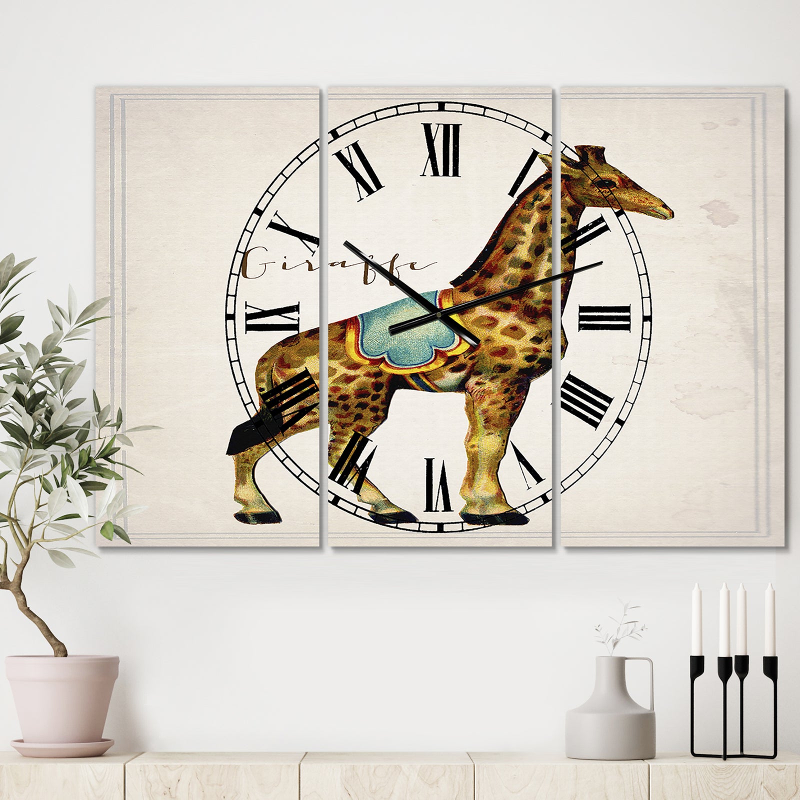 Circus Animals Giraffe - Large Cottage Wall Clock - 3 Panels