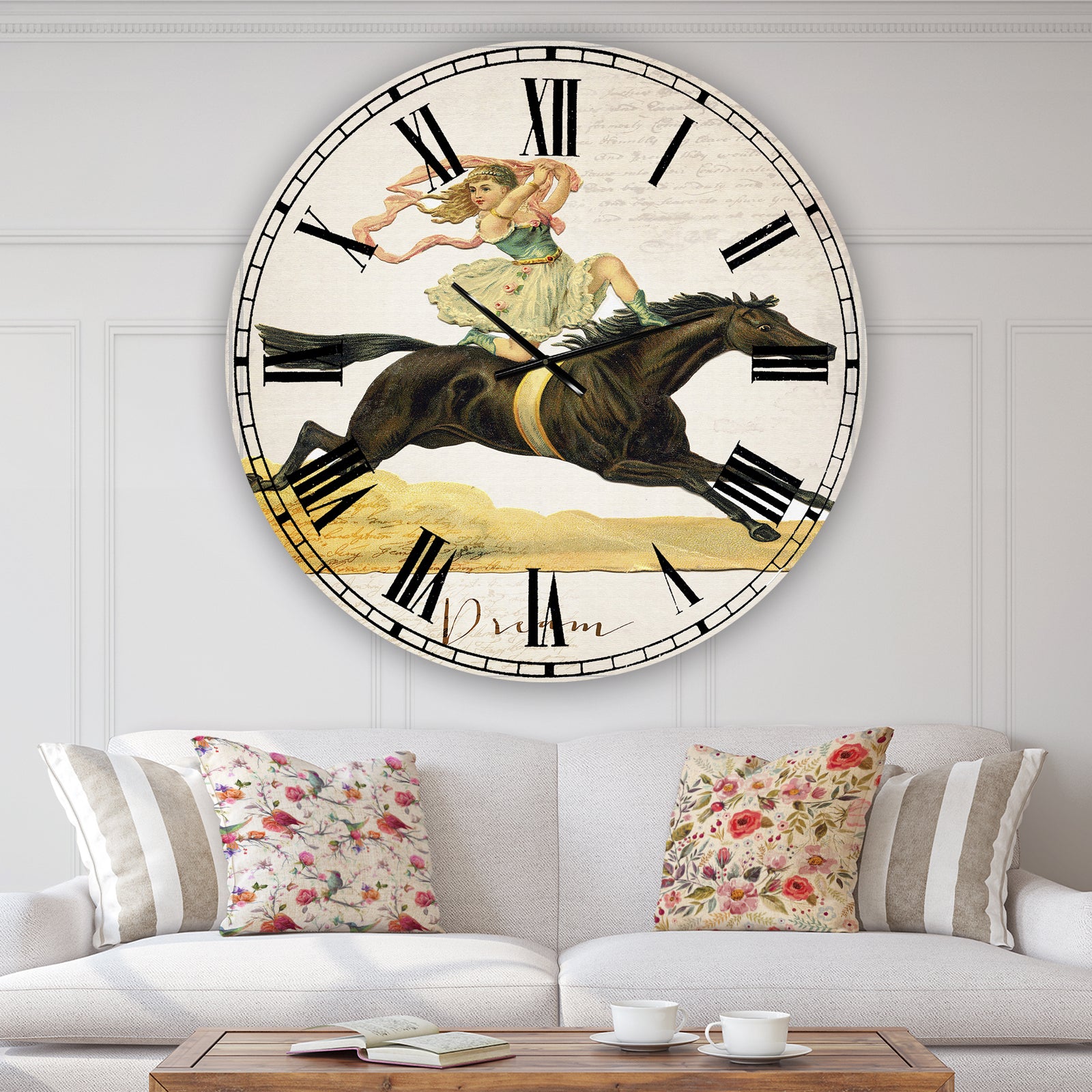 Dream Young Lady On Black Stallion - Oversized Cottage Wall Clock