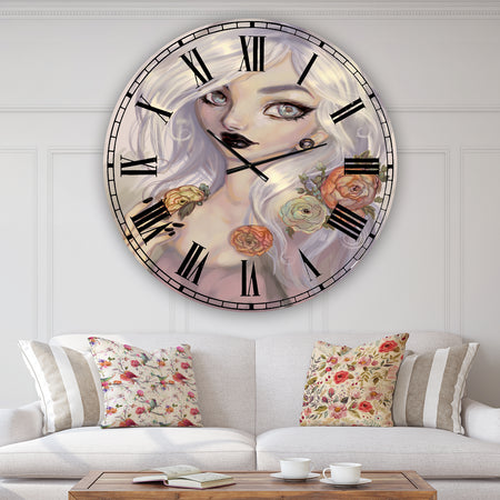 Fantasy Girl With White Hair And Orange Flowers - Oversized Cottage Wall Clock