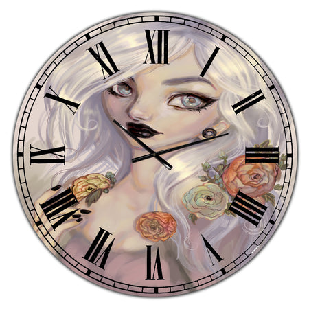 Fantasy Girl With White Hair And Orange Flowers - Oversized Cottage Wall Clock