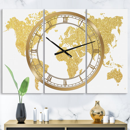 Golden Map Of The Earth - Large Fashion Wall Clock - 3 Panels