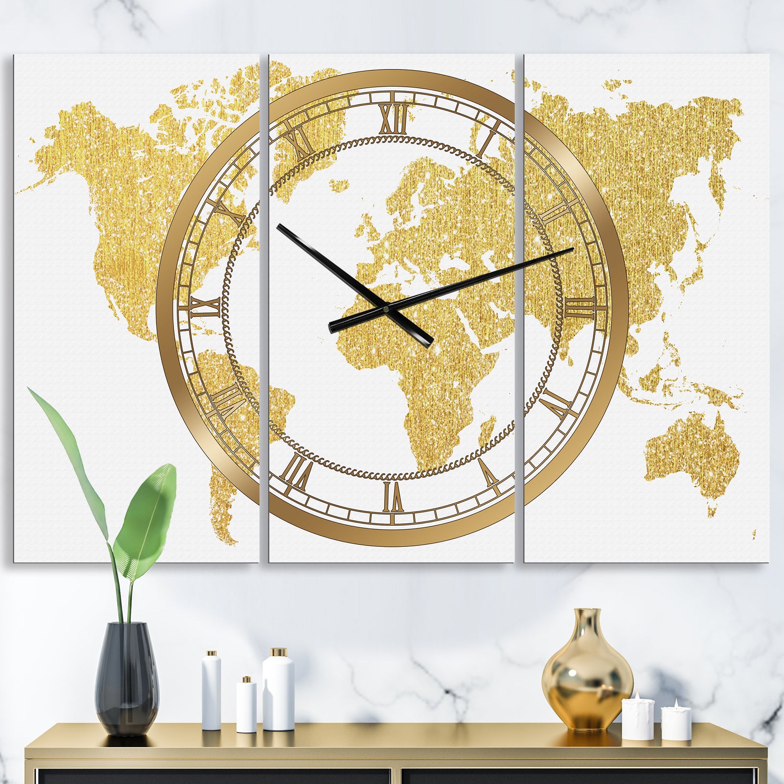 Golden Map Of The Earth - Large Fashion Wall Clock - 3 Panels
