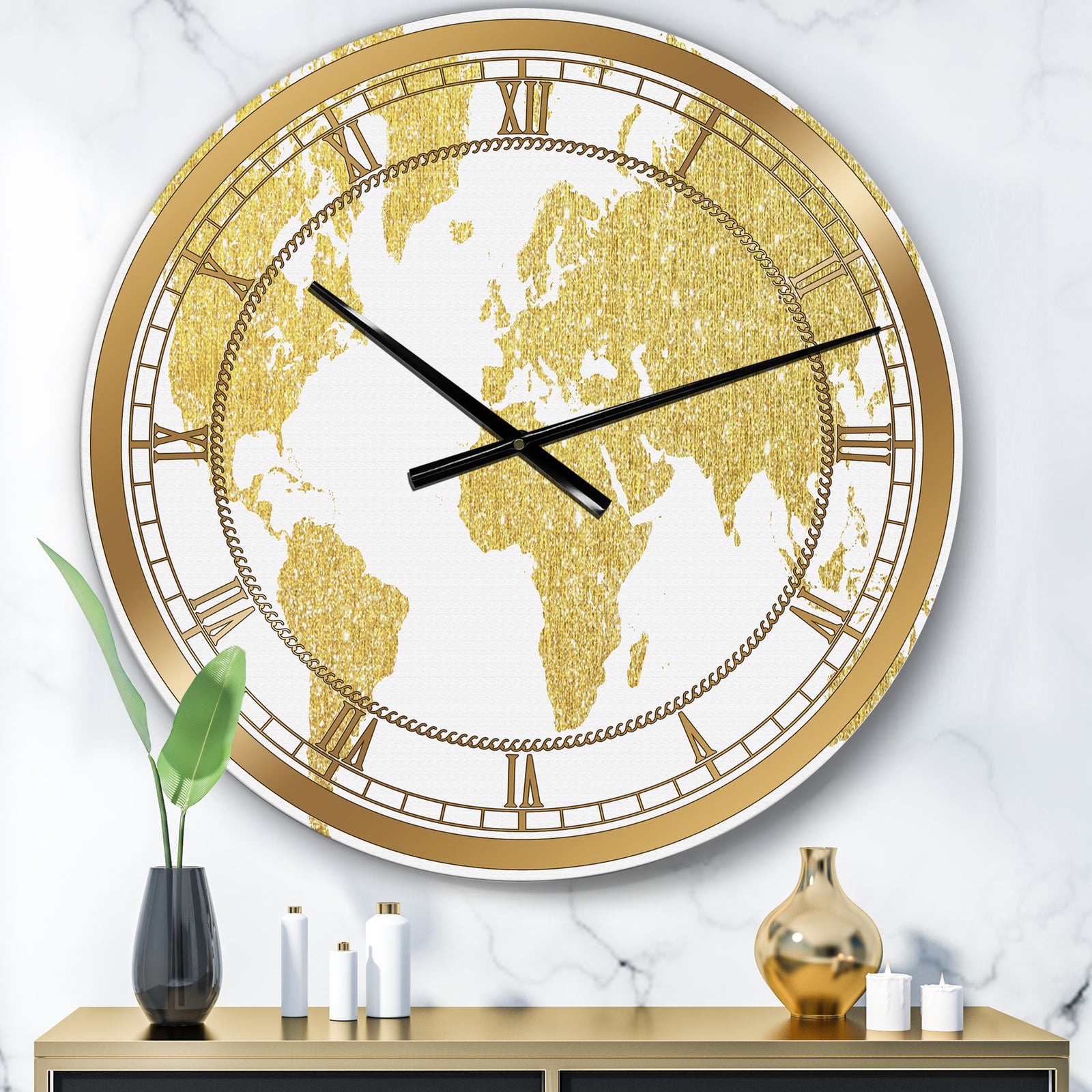 Golden Map Of The Earth - Large Fashion Wall Clock