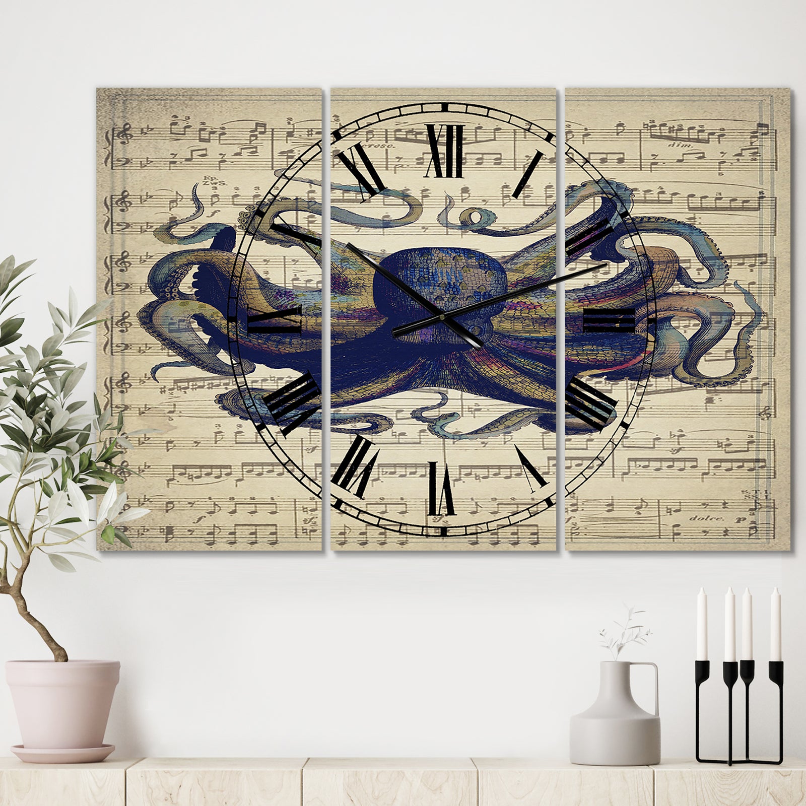 Octopus Music Score I - Oversized Nautical & Coastal Wall Clock - 3 Panels