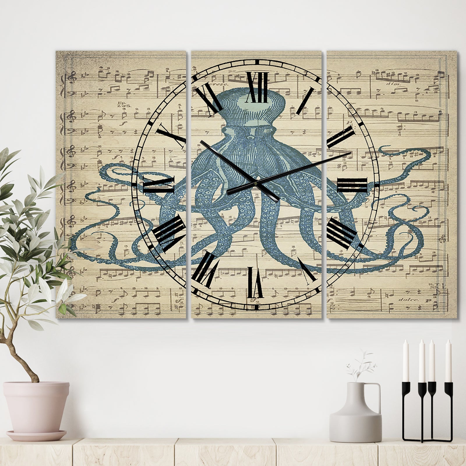 Octopus Music Score II - Large Nautical & Coastal Wall Clock - 3 Panels