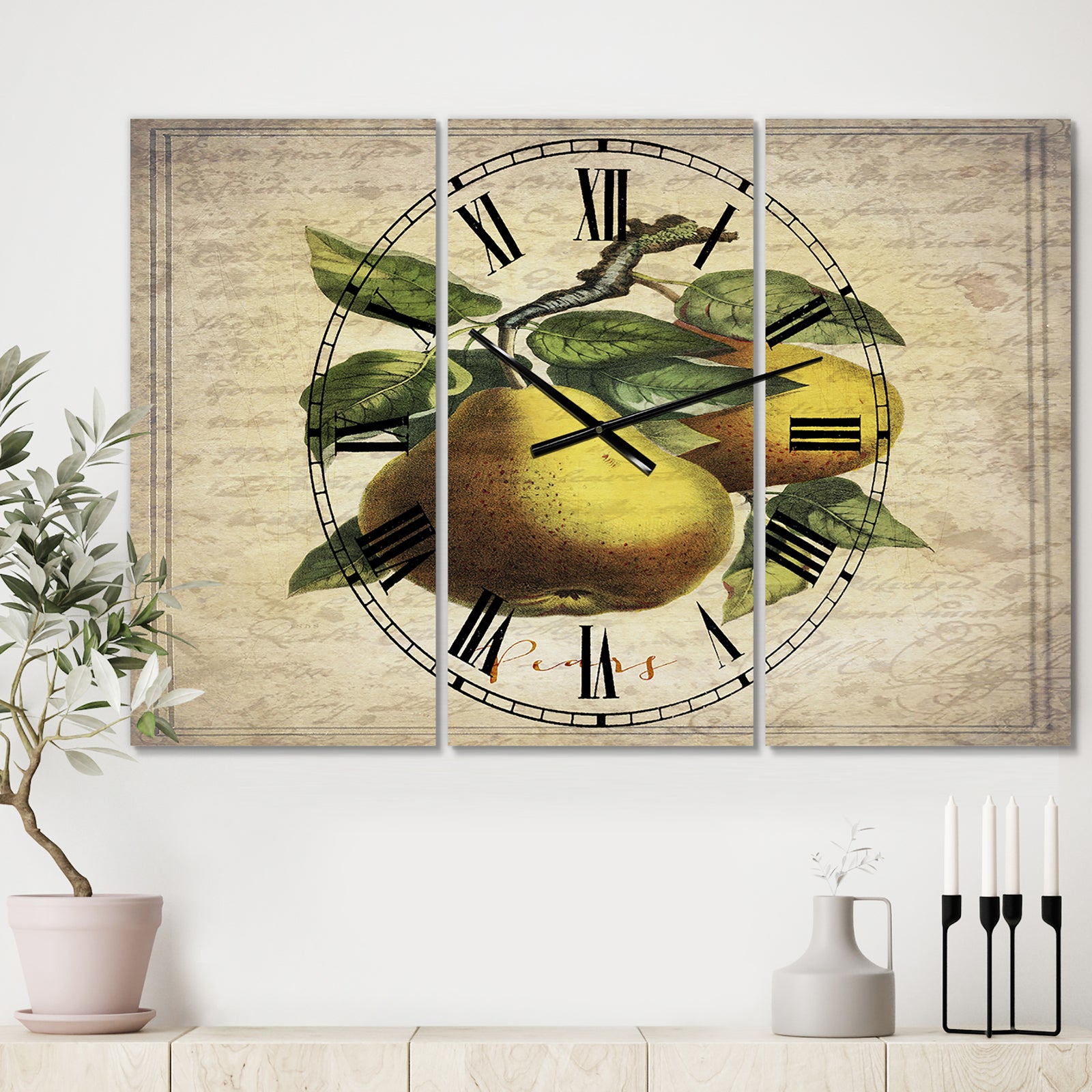 Pear Old Style Sketch II - Large Cottage Wall Clock - 3 Panels