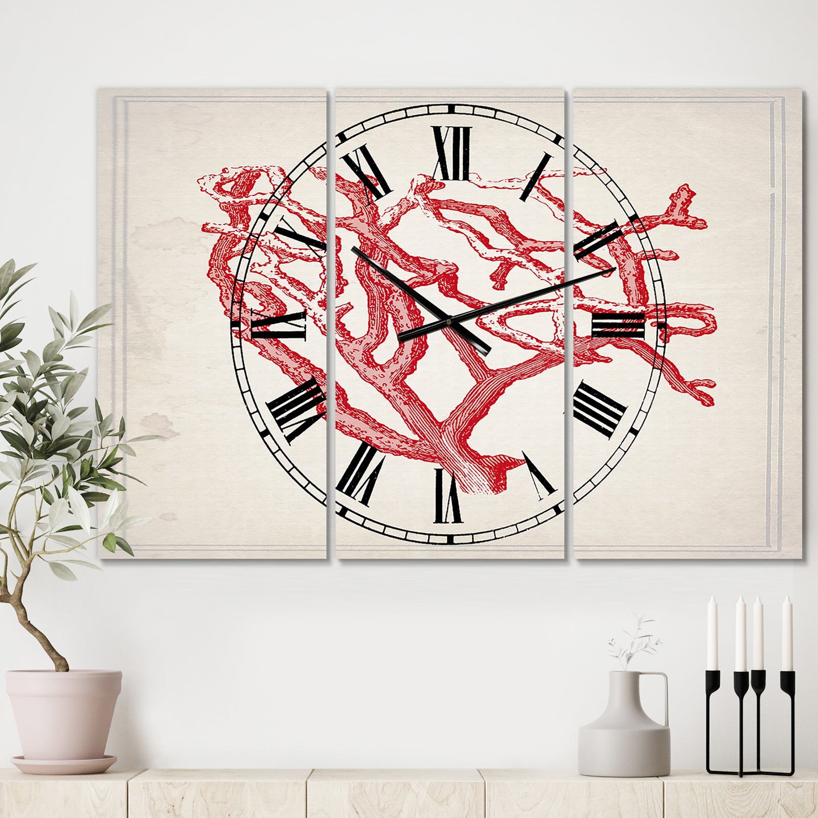 Red Coral 2 - Oversized Nautical & Coastal Wall Clock - 3 Panels