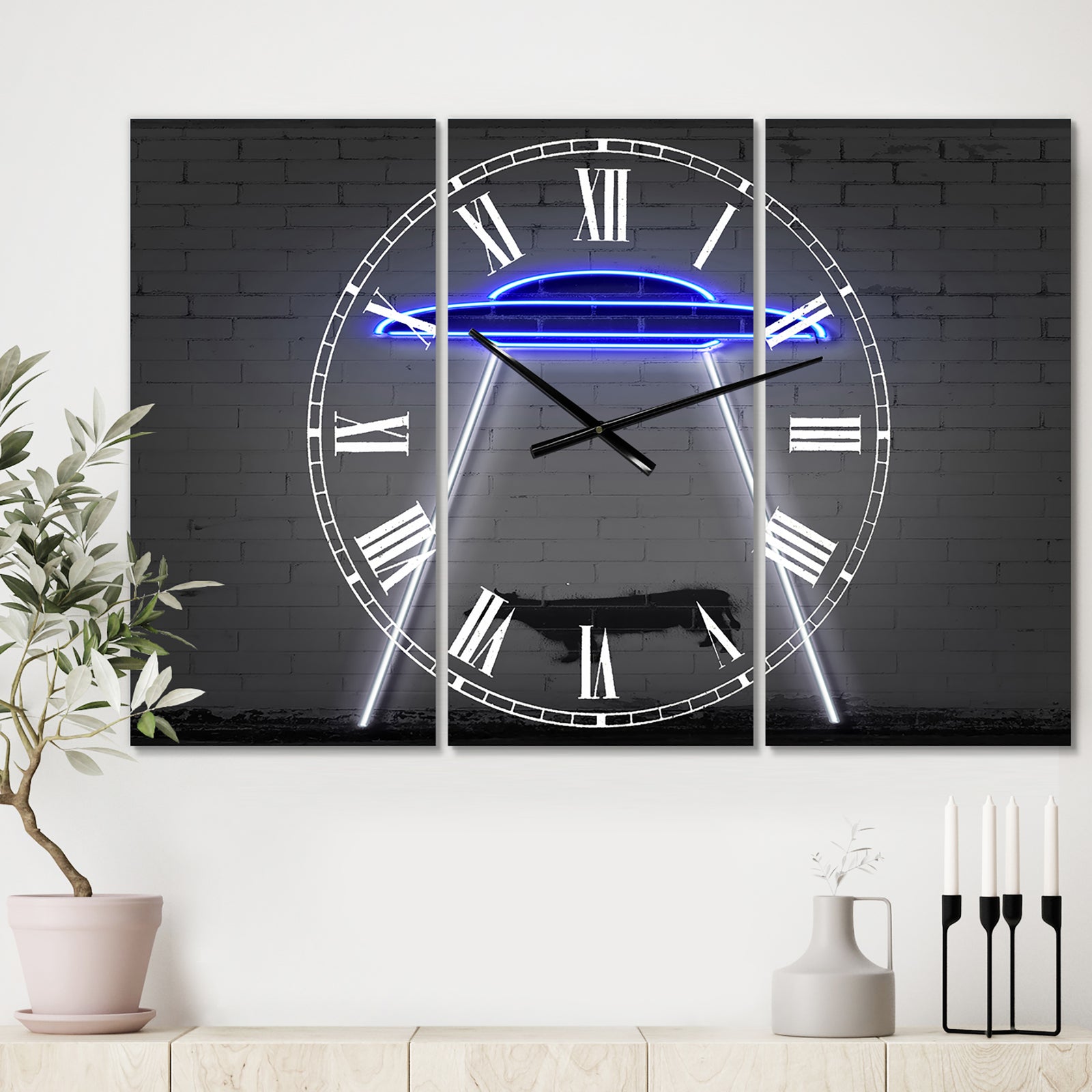 Neon UFO Abducting Cow - Large Modern Wall Clock - 3 Panels