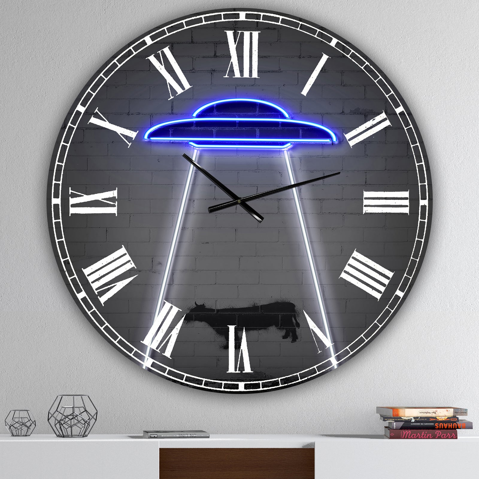 Neon UFO Abducting Cow - Oversized Modern Wall Clock