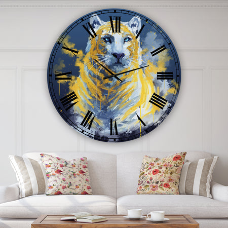 Tiger Spirit In Blue And Gold - Oversized Fashion Wall Clock