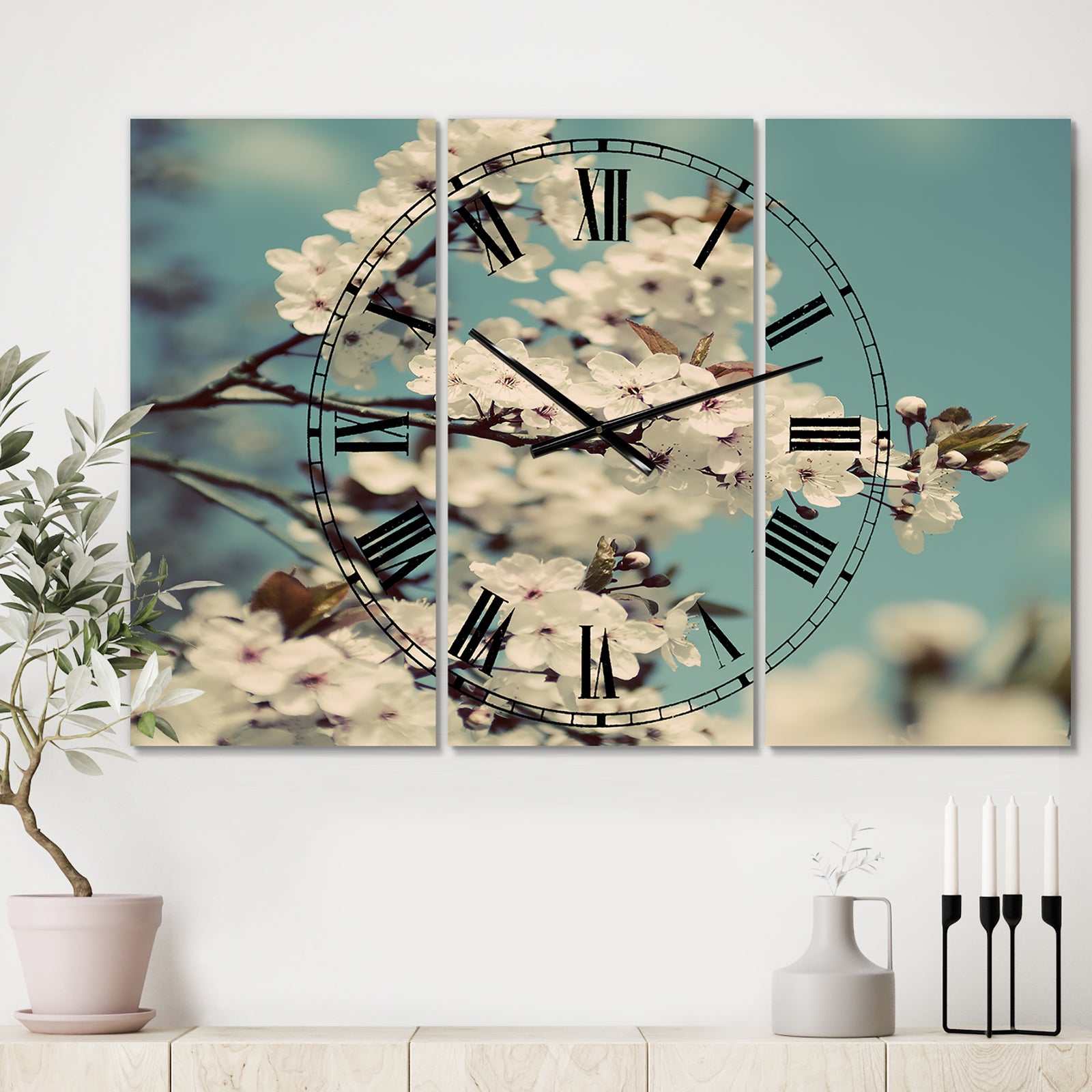 White Spring Blossom - Oversized Cottage Wall Clock - 3 Panels