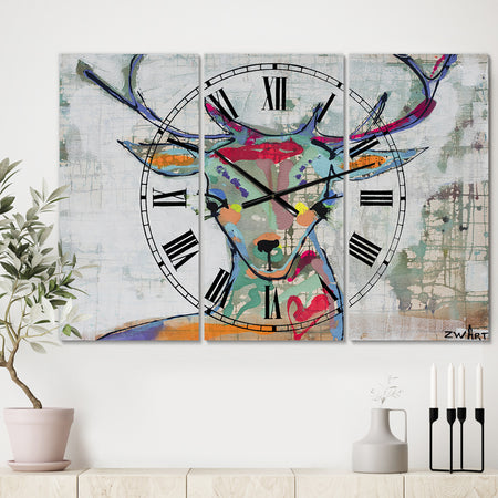 Colorful Deer I - Large Cottage Wall Clock - 3 Panels