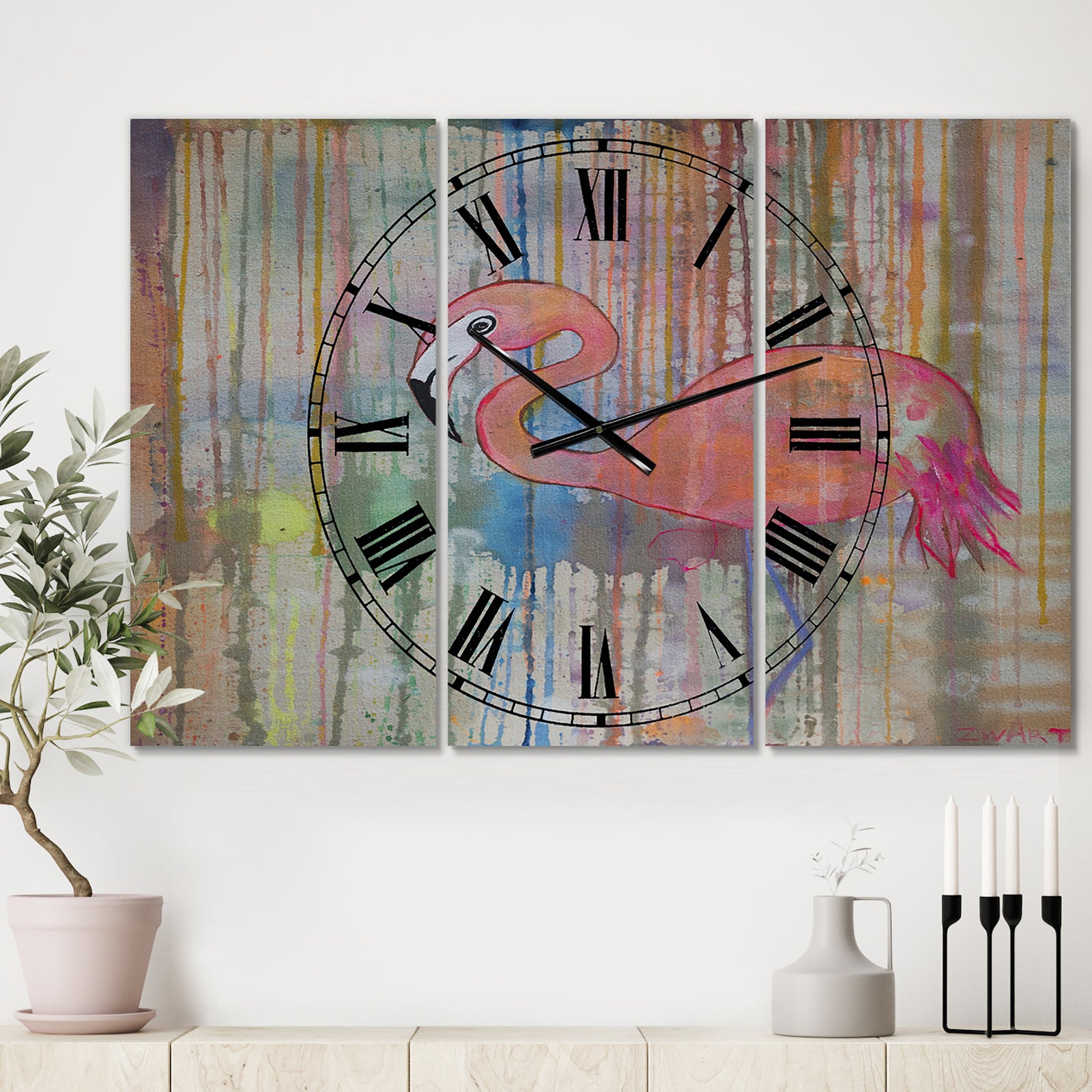 Flamingo I - Large Cottage Wall Clock - 3 Panels