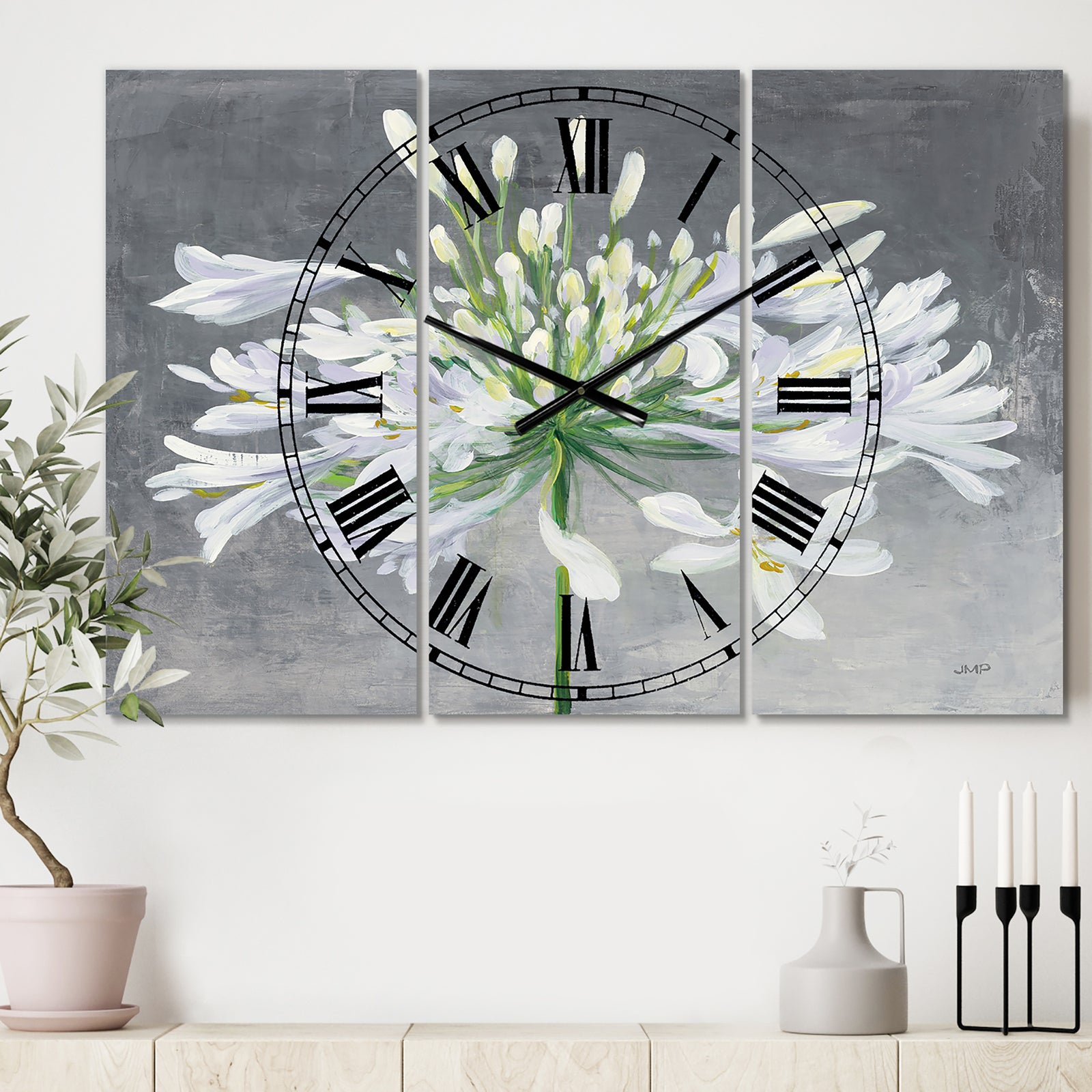 Flower Cleome Splash I - Cottage 3 Panels Oversized Wall CLock