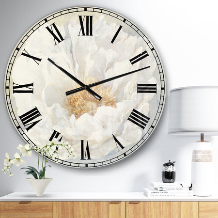 White Serene Peony - Cottage Large Wall CLock