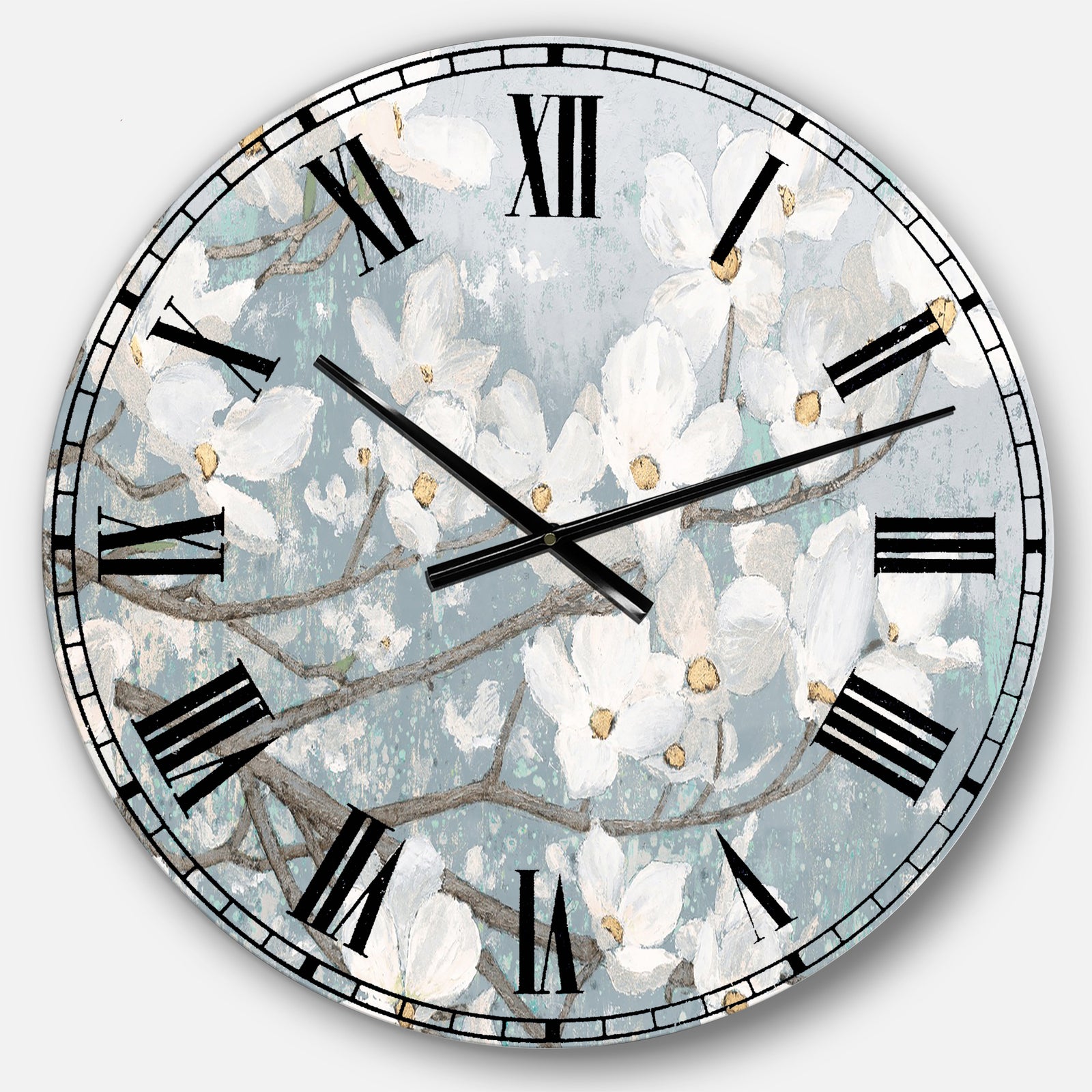Blue on Grey Blossoms  - Traditional Large Wall CLock