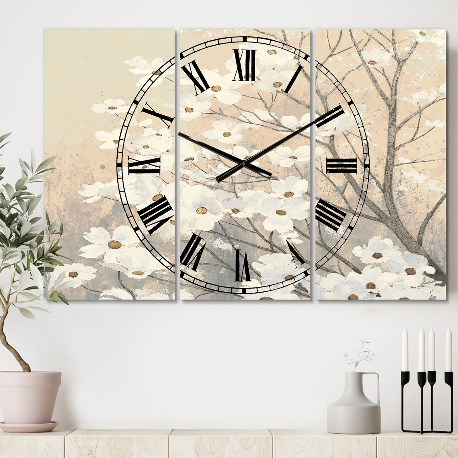 Porch & Den 'Brown onn Grey Blossoms - 3-panel Metal Clock